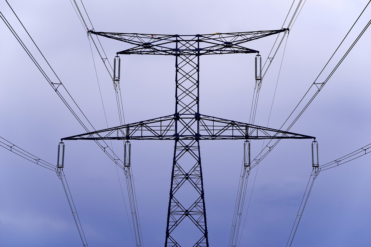 high voltage line, electricity, electric, pylon, voltage, high, power, cable, energy, distribution, equipment, industrial, evening, blue energy, blue power, blue industry