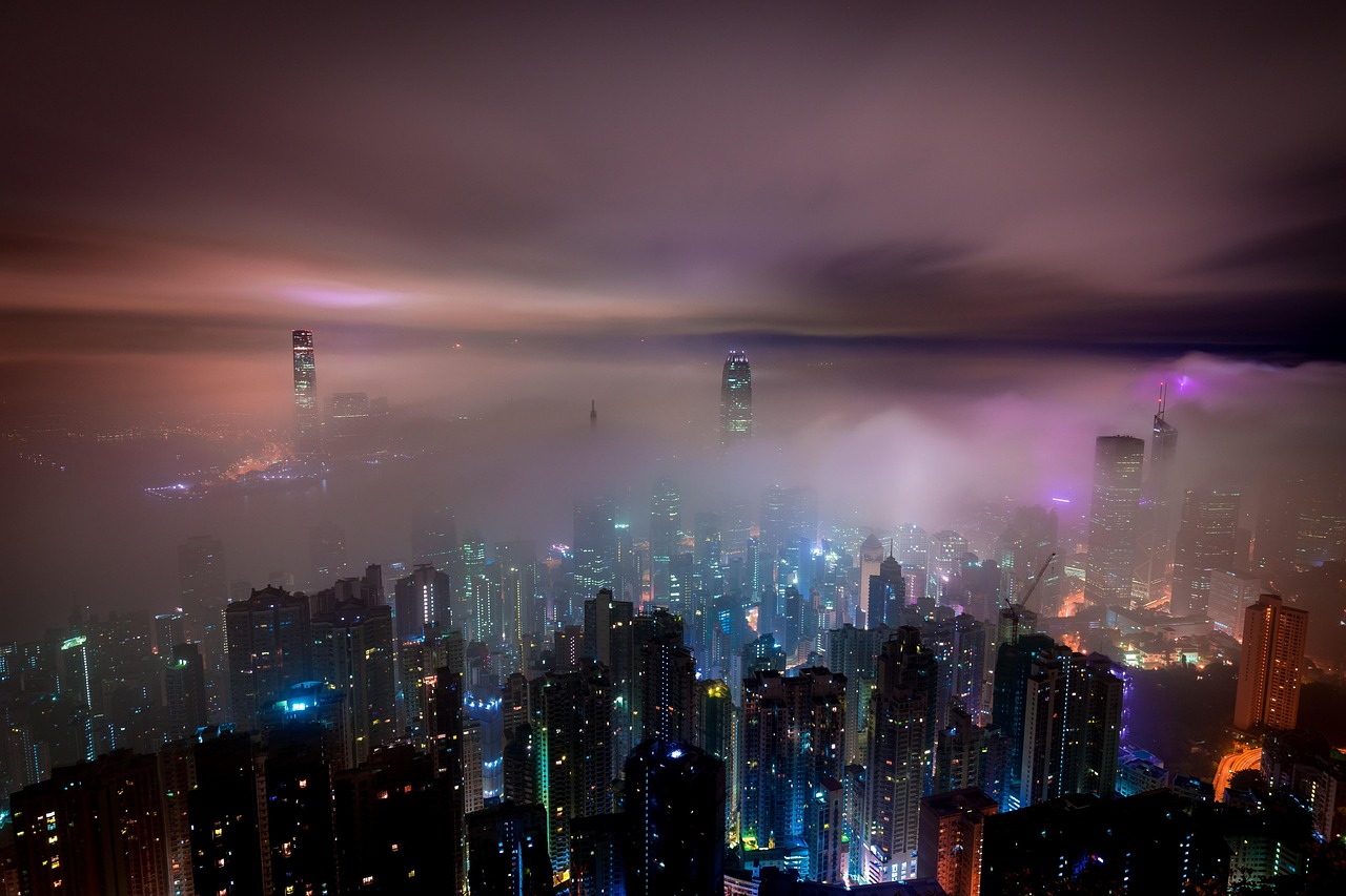 clouds, hong kong, buildings, haze, nature, misty, illuminated, city lights, skyline, cityscape, urban, urban landscape, skyscrapers, aerial view, night, mist, city, night photography